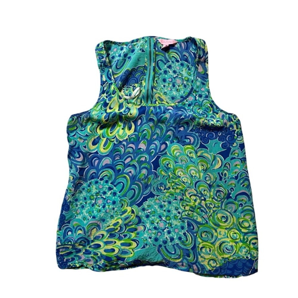Lilly Pulitzer Tank‎ Top Medium Lilly's Lagoon Print 100% Silk Blue Green